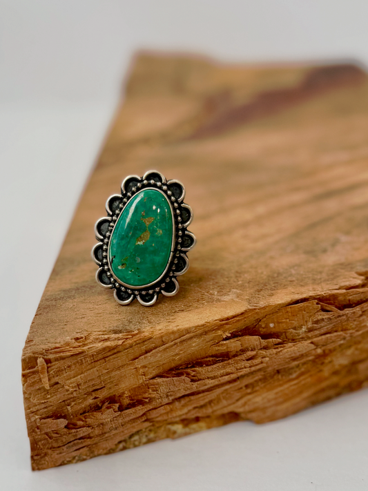 Oval Scalloped Royston Turquoise Ring - Sterling Silver - Native Handmade - Size Adjustable