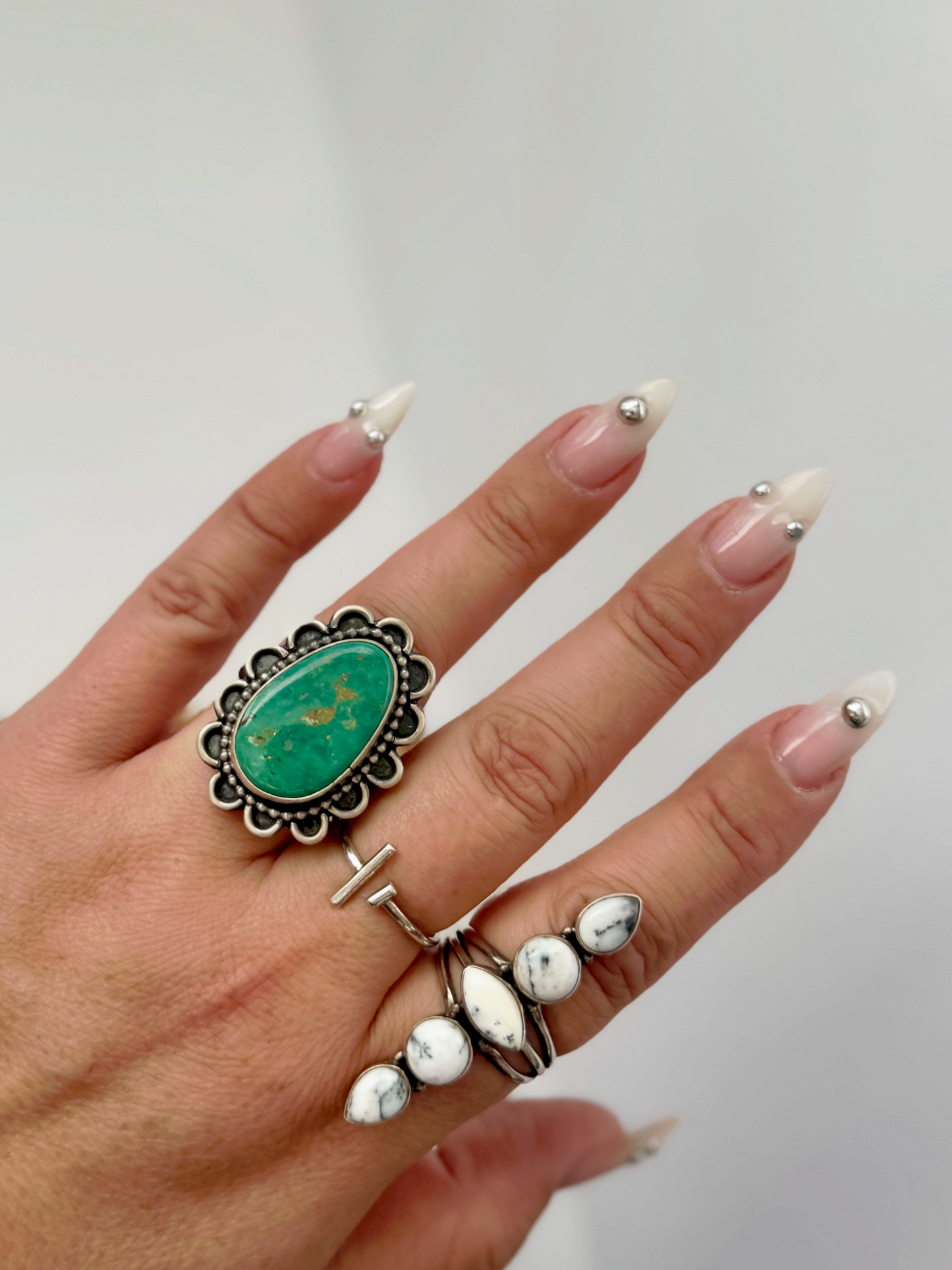 Oval Scalloped Royston Turquoise Ring - Sterling Silver - Native Handmade - Size Adjustable