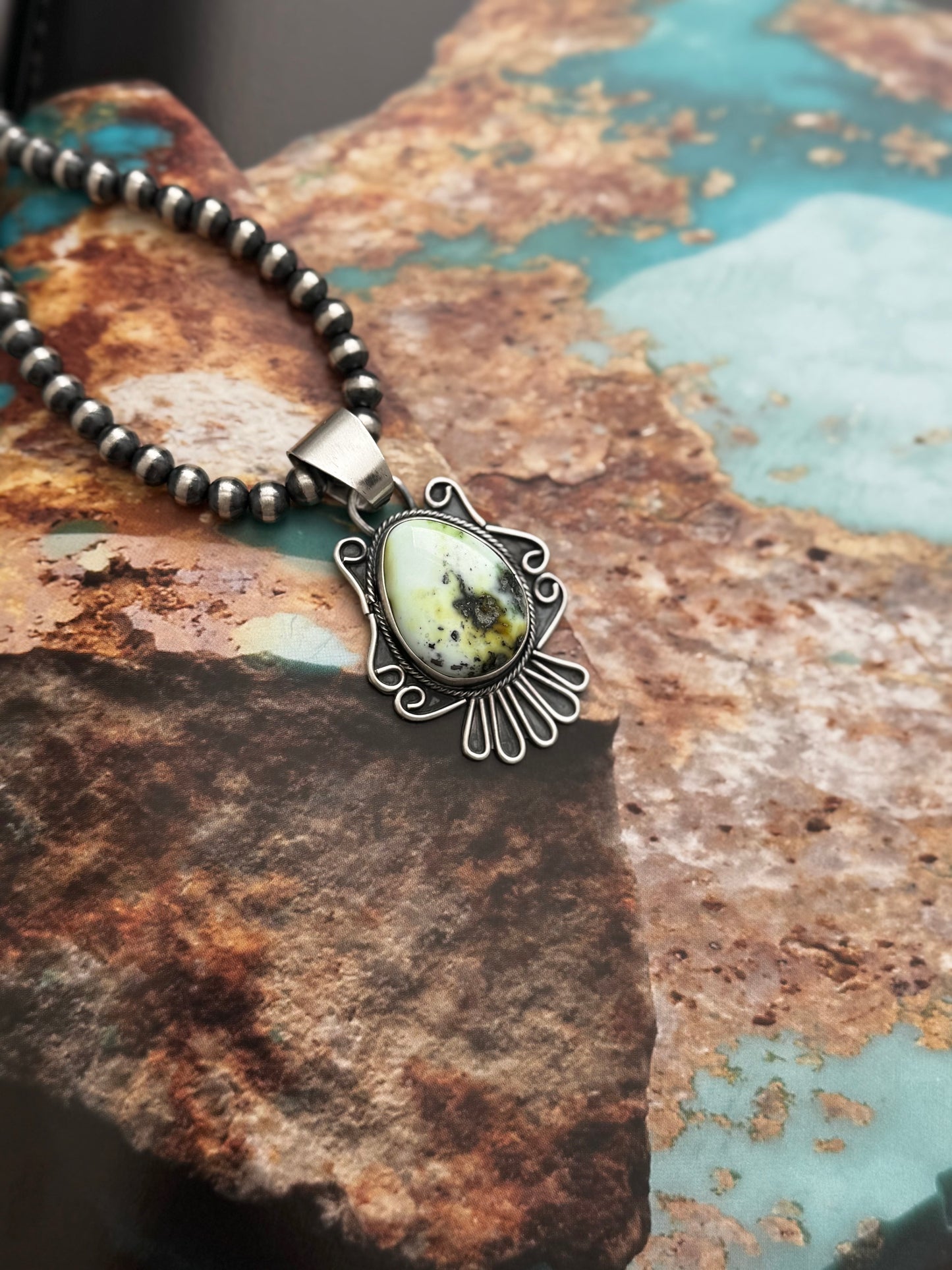 Teardrop with Ruffles Pendant - Palomino Turquoise - Sterling Silver - Native Handmade - Jameson Garcia (artist)