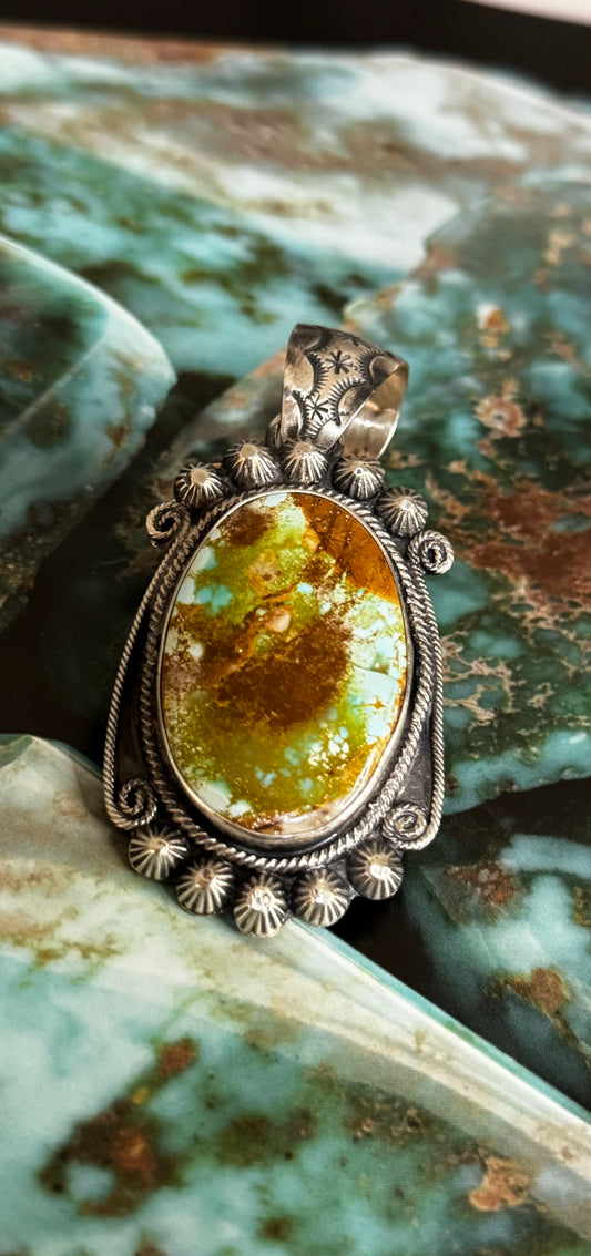 Oval Pendant with Embellishments - Royston Turquoise - Sterling Silver - Native Handmade - Bob Becenti (artist)
