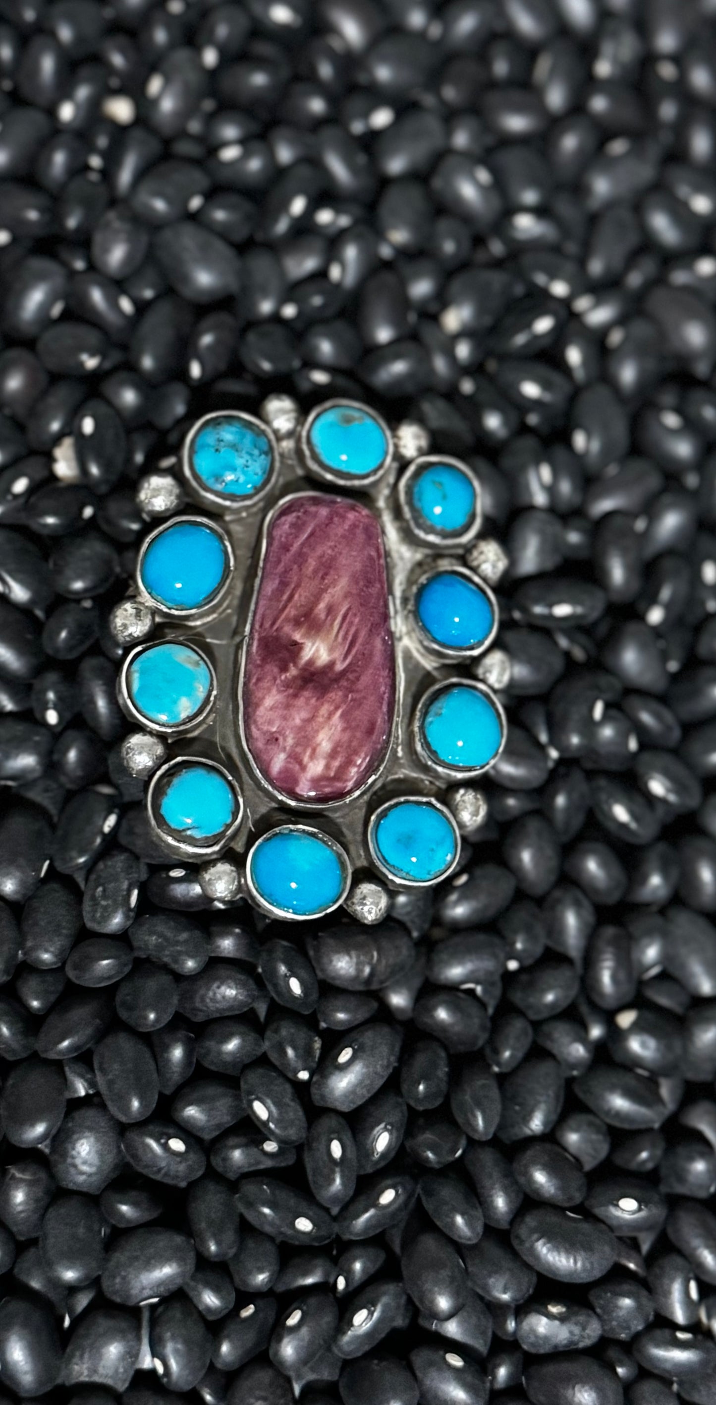 Cluster Ring - Turquoise and Purple Spiny Oyster - Navajo Handmade - Bennet and Drema Yazzie - Size 9.75