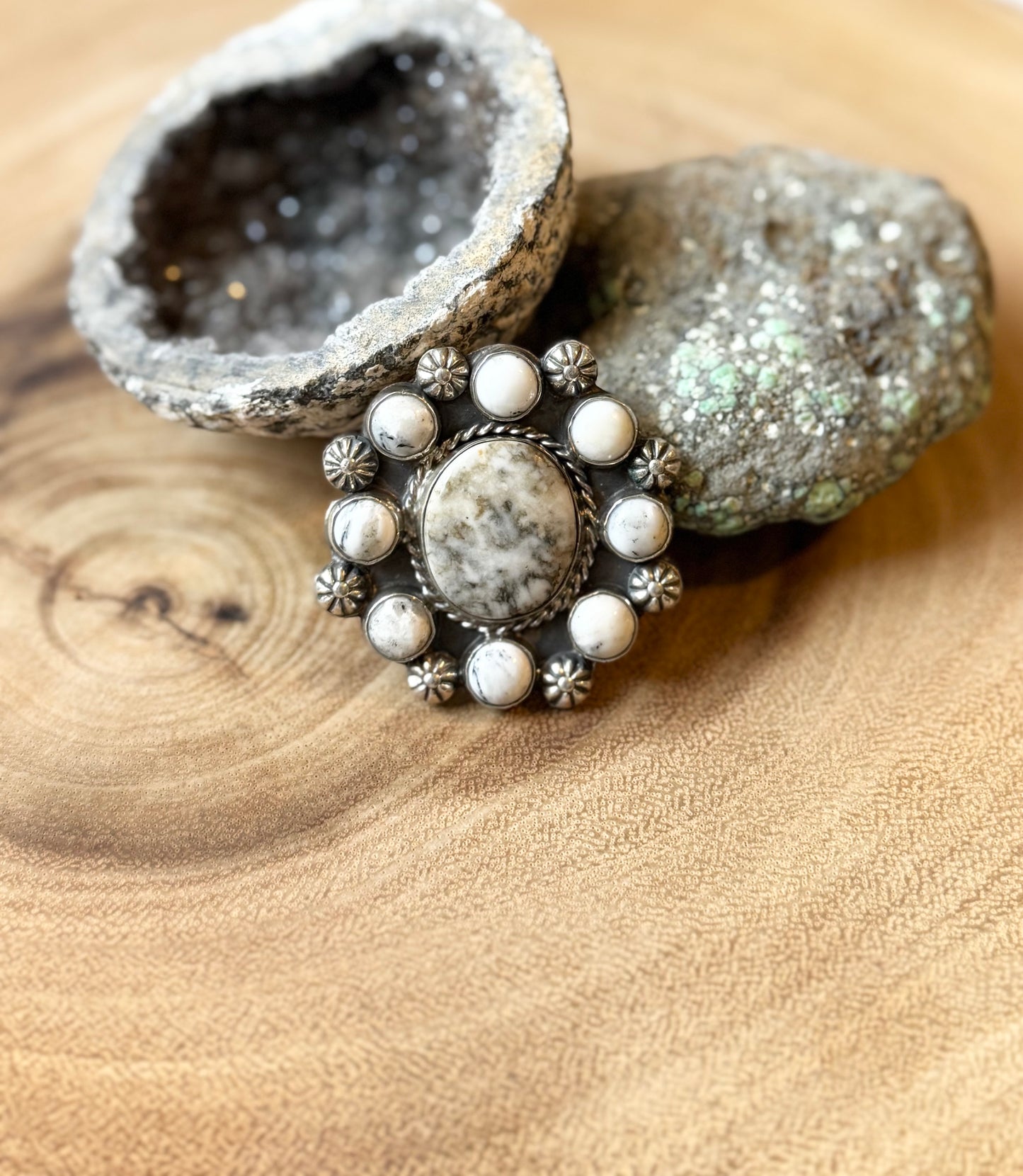 Cluster Ring - White Buffalo - Sterling Silver - Navajo Handmade - LJC (artist) - Size Adjustable