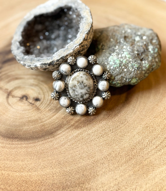 Cluster Ring - White Buffalo - Sterling Silver - Navajo Handmade - LJC (artist) - Size Adjustable