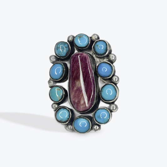 Cluster Ring - Turquoise and Purple Spiny Oyster - Navajo Handmade - Bennet and Drema Yazzie - Size 9.75