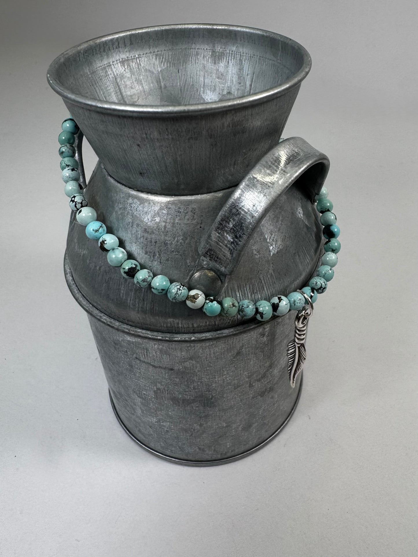 Mini Turquoise Bead Stretch Bracelet with Feather Charm