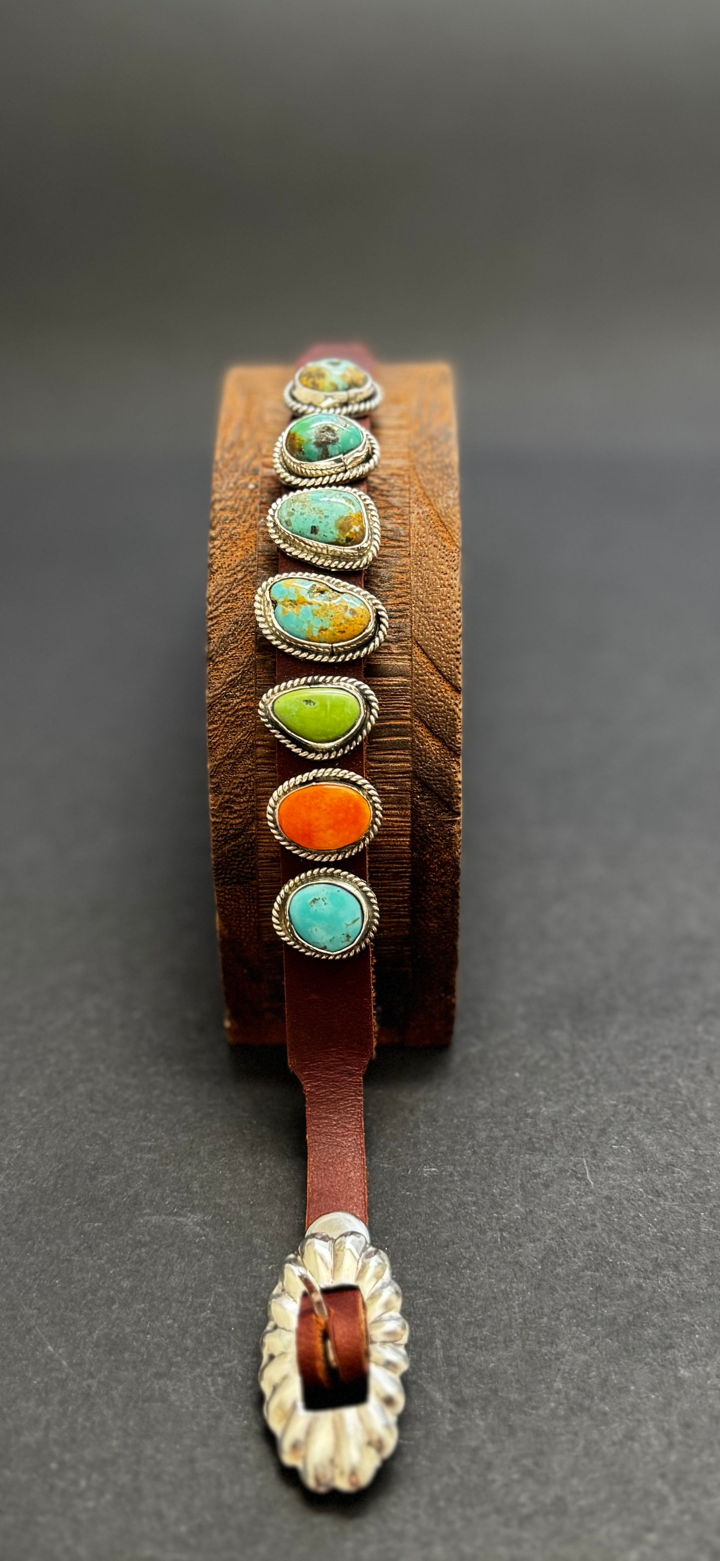 Leather Multi Stone Bracelet - Turquoise and Spiny Oyster - Sterling Silver - Dan Morgan (artist)