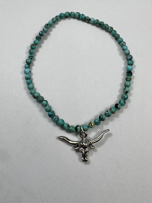 Mini Turquoise Bead Stretch Bracelet with Longhorn Charm