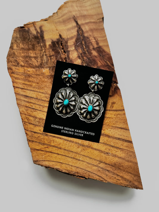 Double Concho Turquoise Earrings - Sterling Silver - Native Handmade - RL (artist)