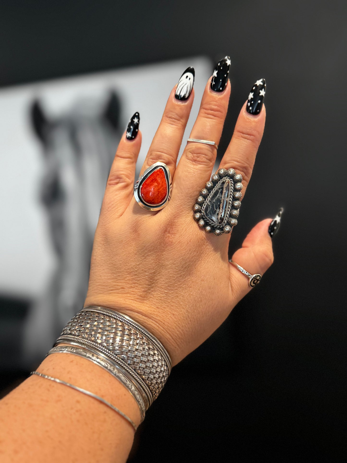 Tear Drop Ring - Spiny Oyster Orange - Sterling Silver - Native Handmade - AM (artist) - Size 8.5