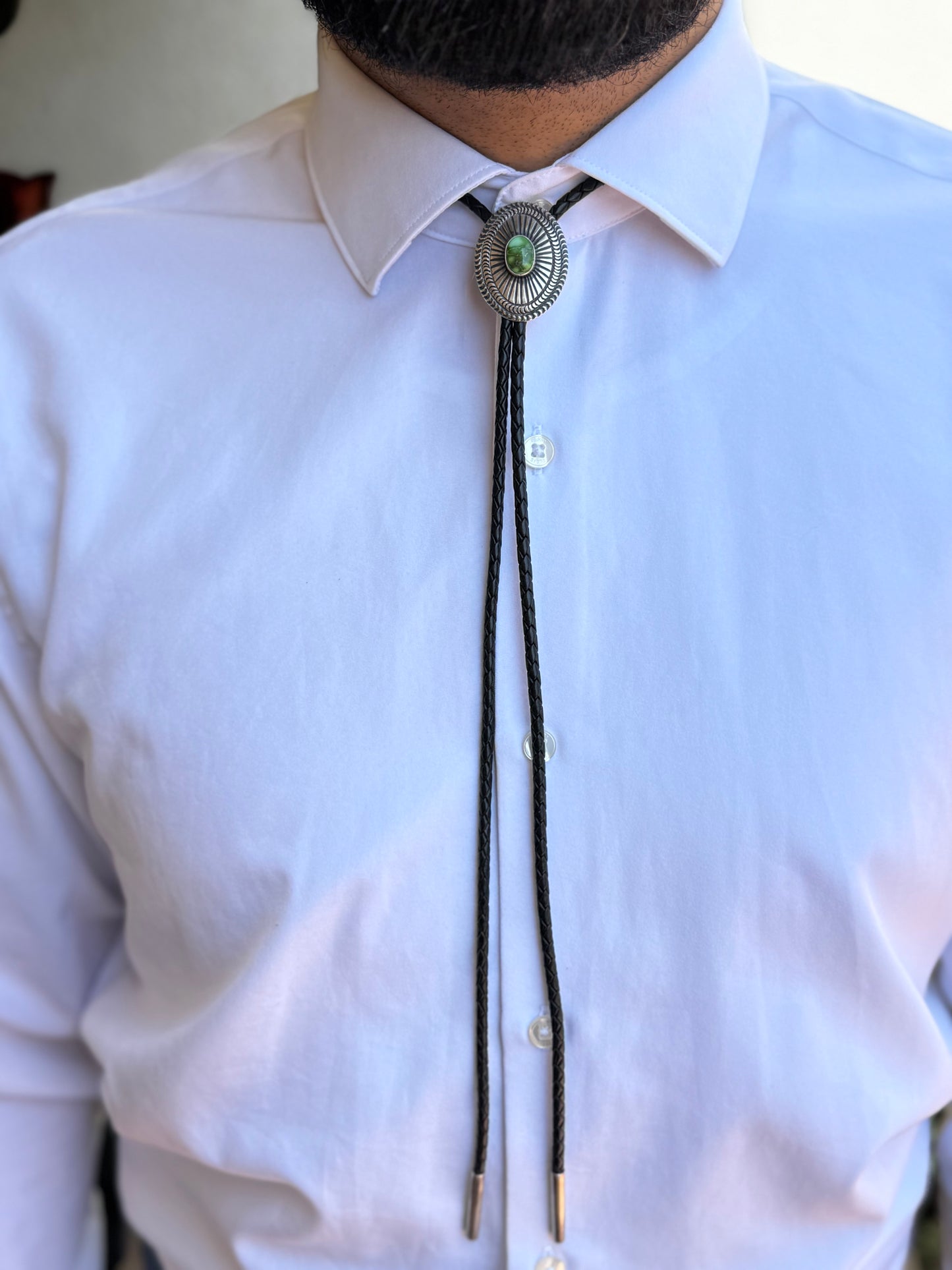 Bolo Tie with Stone Concho - Sonoran Turquoise - Sterling Silver - Leather - Native Handmade - Sharon Francisco (artist)