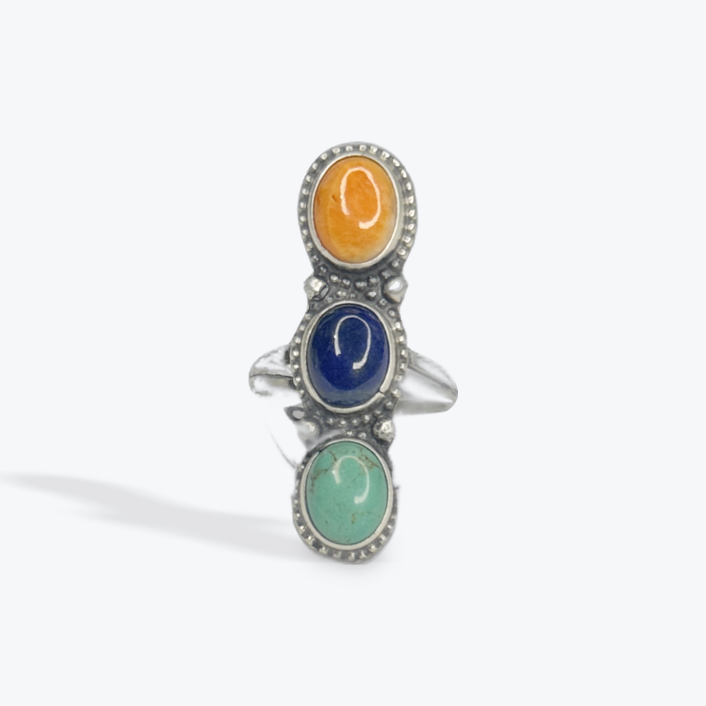 3 Stone Ring - Multi Stone - Sterling Silver - Native Handmade - B (artist) - Size 8.5