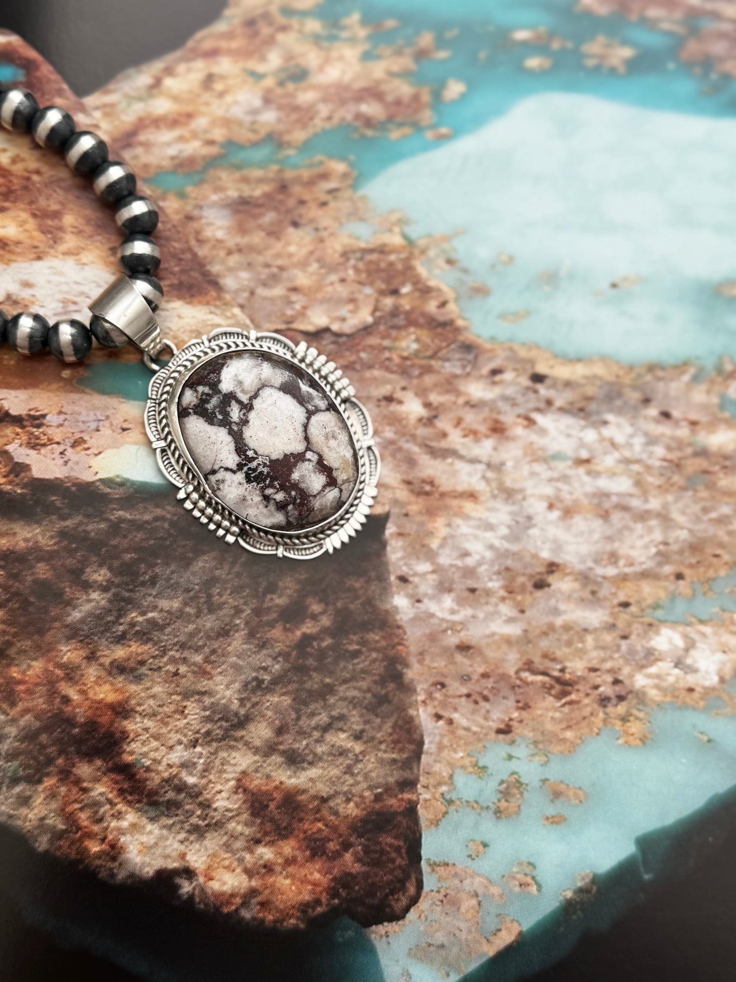 Oval Pendant with Scallops - White Horse - Sterling Silver - Native Handmade - Bennie Ration (artist)