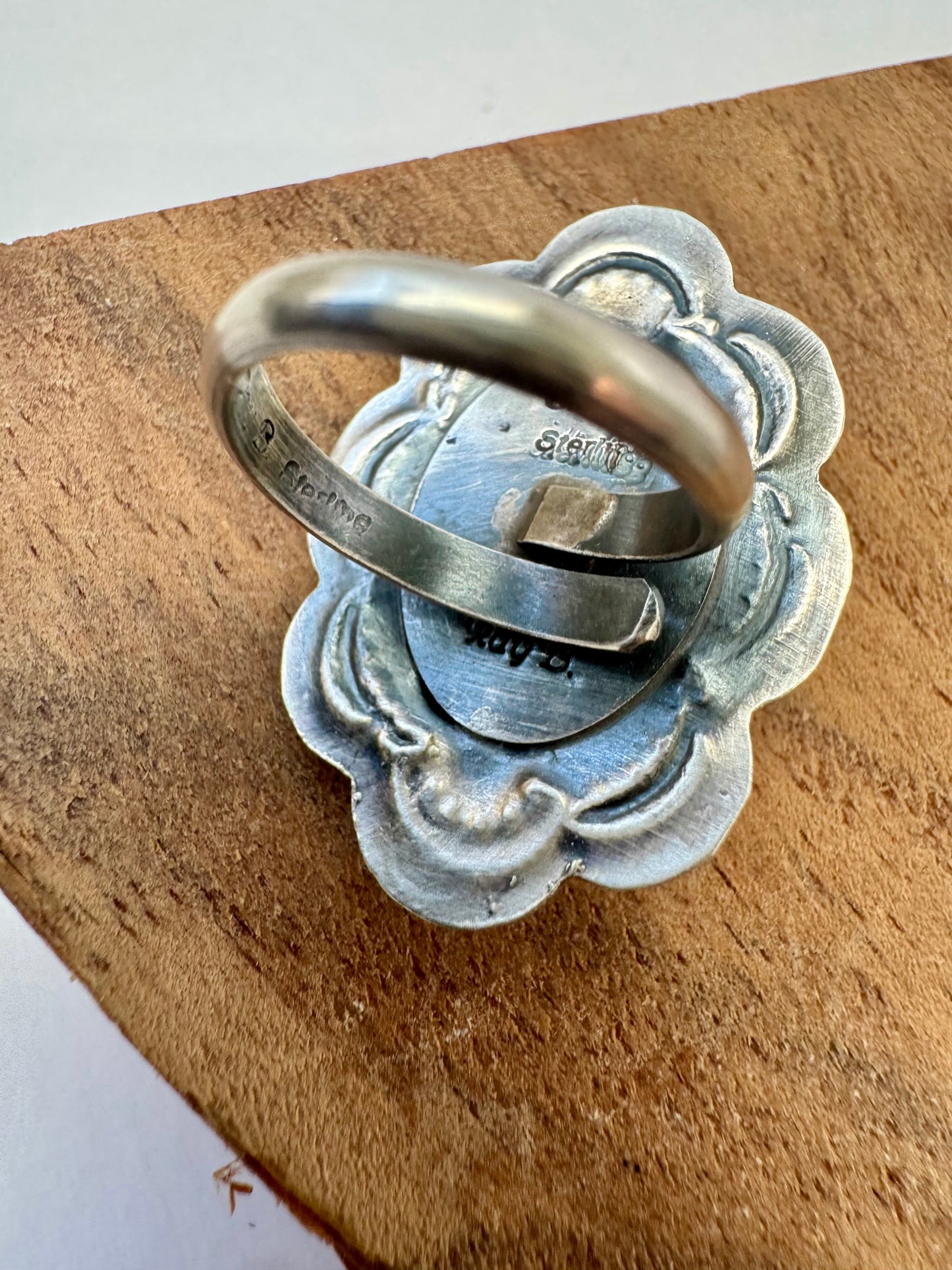 Concho Ring with Turquoise- Artist Ray B - Size Adj. - Native Handmade -Sterling Silver