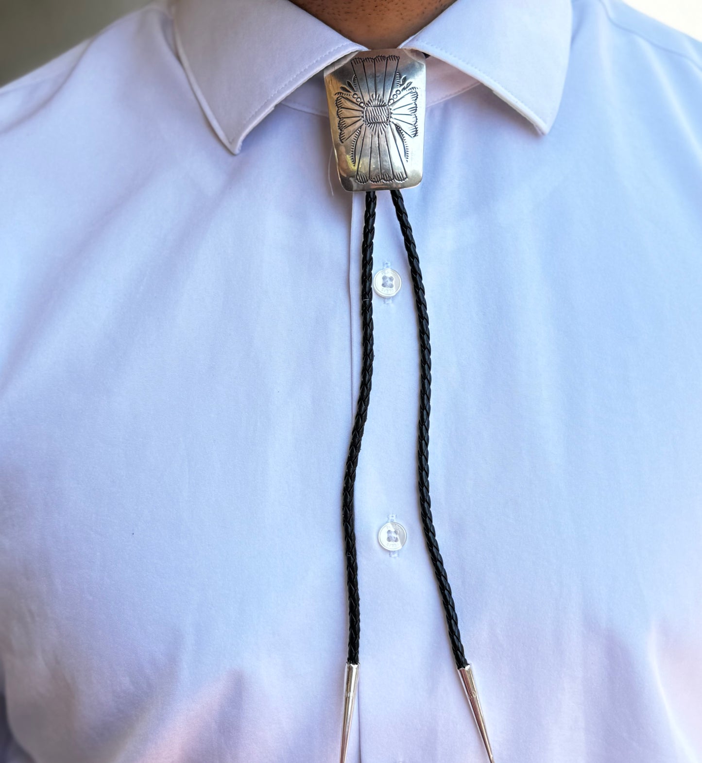 Bolo Tie Southwest Design - Sterling Silver - Leather - Native Handmade - Joann Silver (artist)