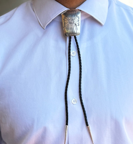 Bolo Tie Southwest Design - Sterling Silver - Leather - Native Handmade - Joann Silver (artist)