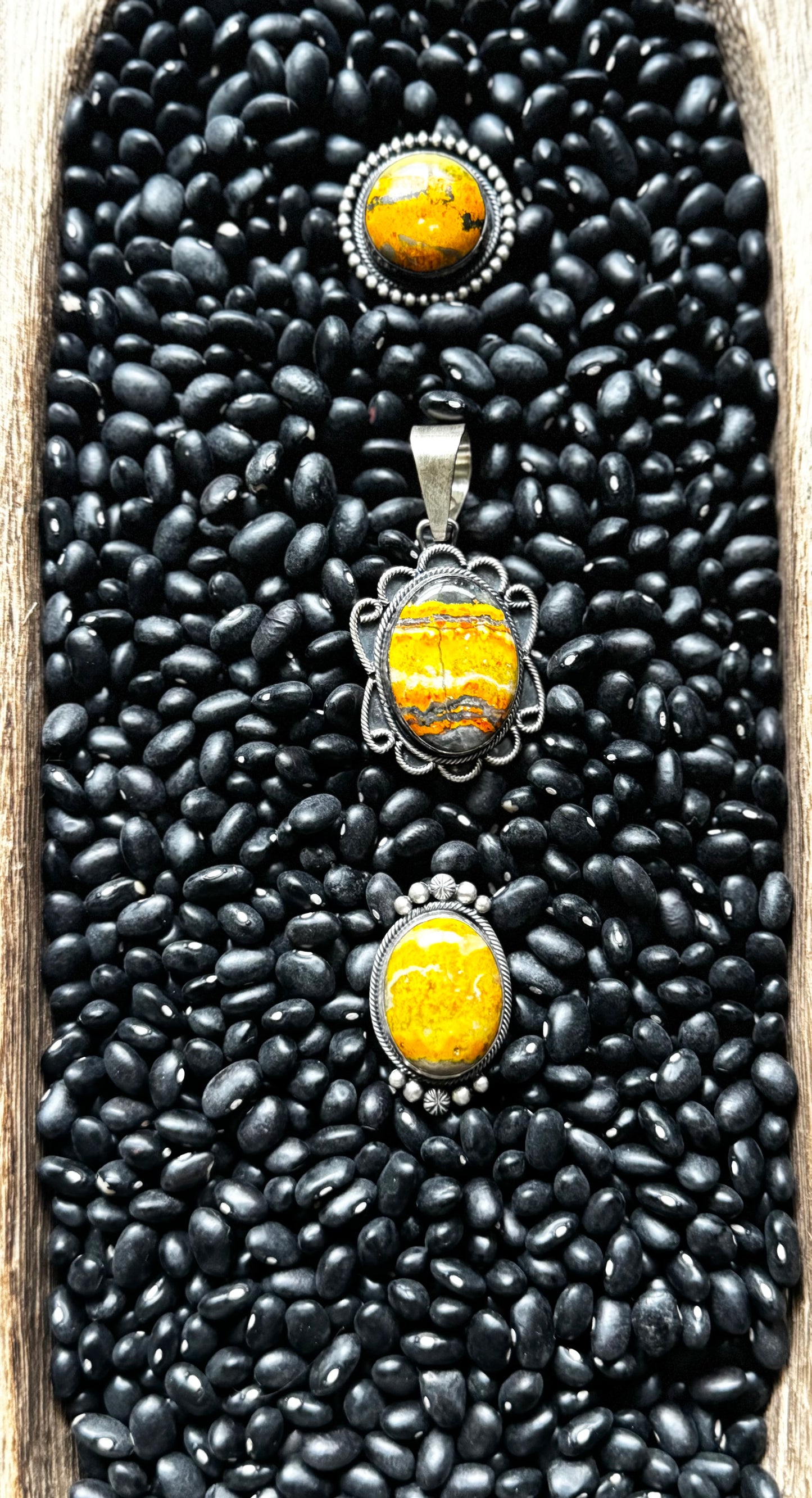 Oval Pendant with Ruffles - Bumblebee Jasper - Sterling Silver - Native Handmade - David Henio (artist)