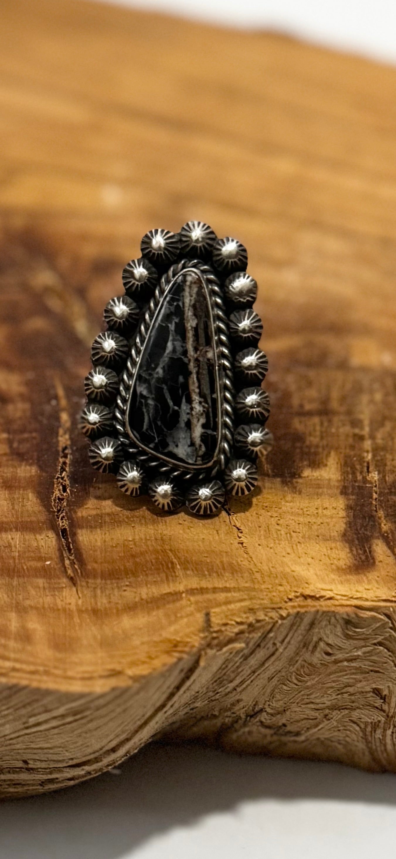 Tear Drop Ring - White Buffalo - Sterling Silver - Native Handmade - Dan Henio (artist) - Size Adjustable