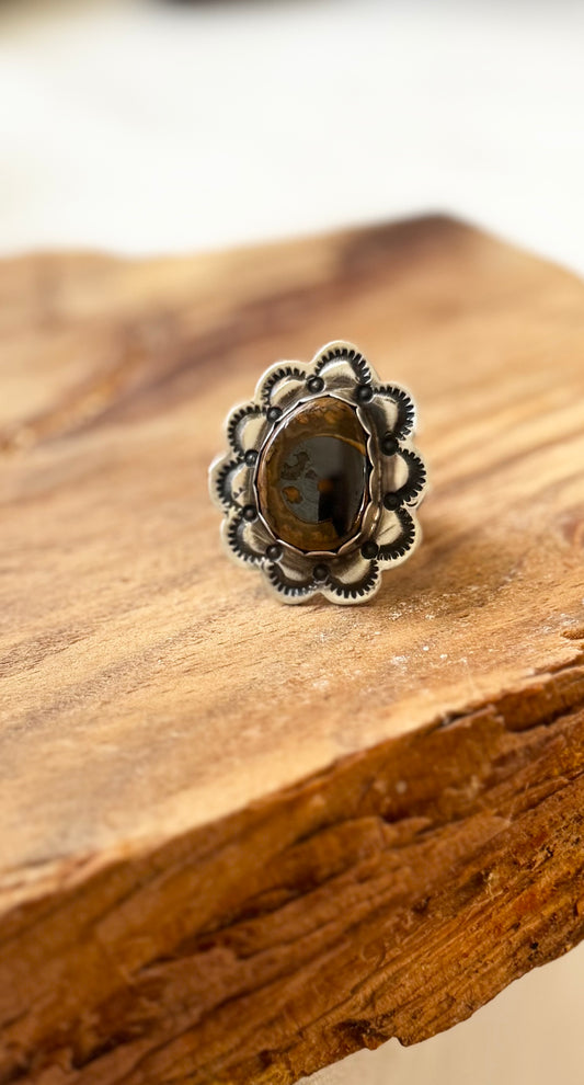 Ring with Ruffles - Fossil - Sterling Silver - Native Handmade - HH (artist) - Size Adjustable