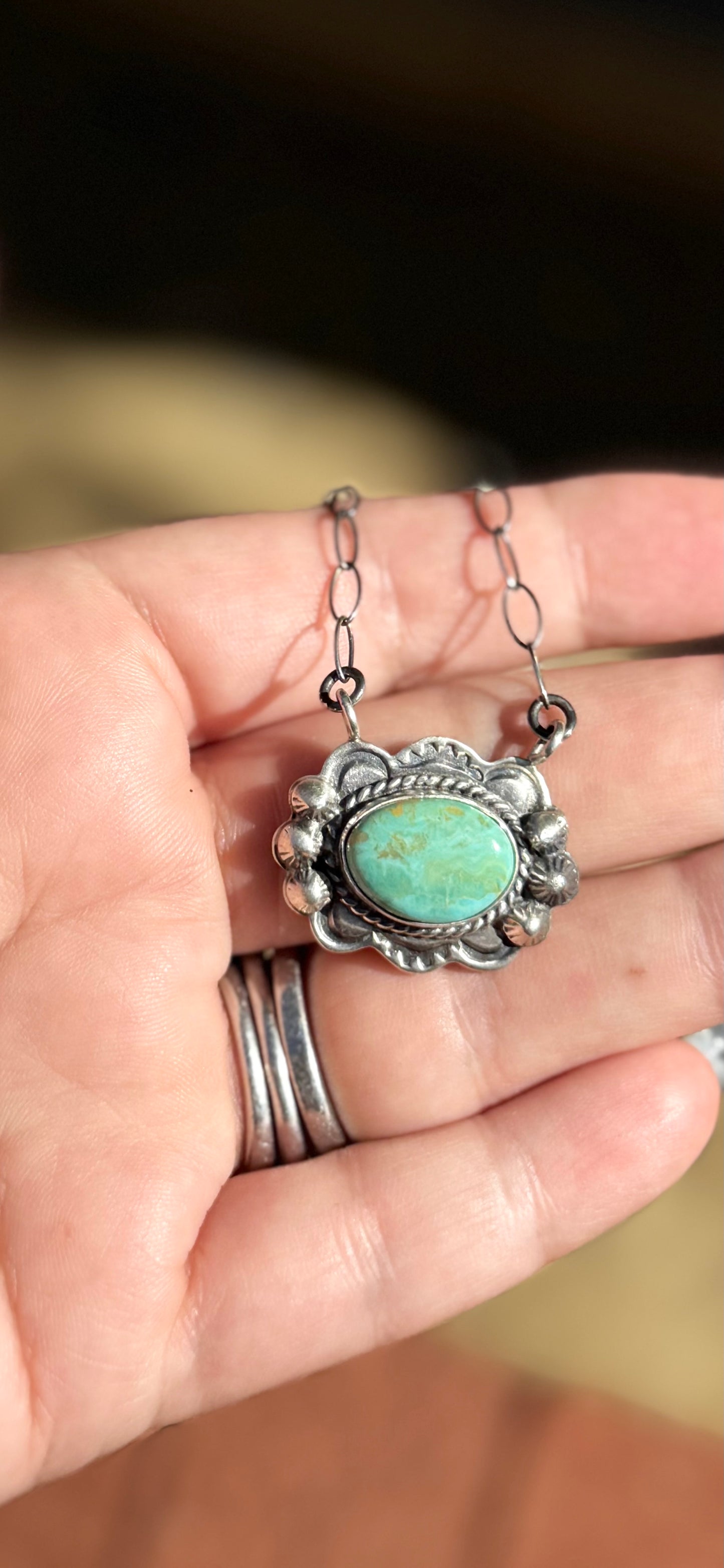 Ruffled Pendant Necklace - Green Turquoise - Sterling Silver - Native Handmade - Dan Henio (artist)