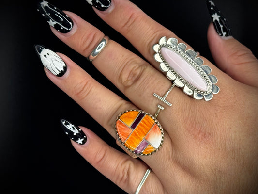 Oval Ring - Inlay with Orange Spiny Oyster - Sterling Silver - Navajo Handmade - LK (artist) - Size Adjustable