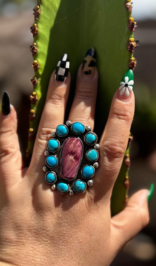 Cluster Ring - Turquoise and Purple Spiny Oyster - Navajo Handmade - Bennet and Drema Yazzie - Size 9.75