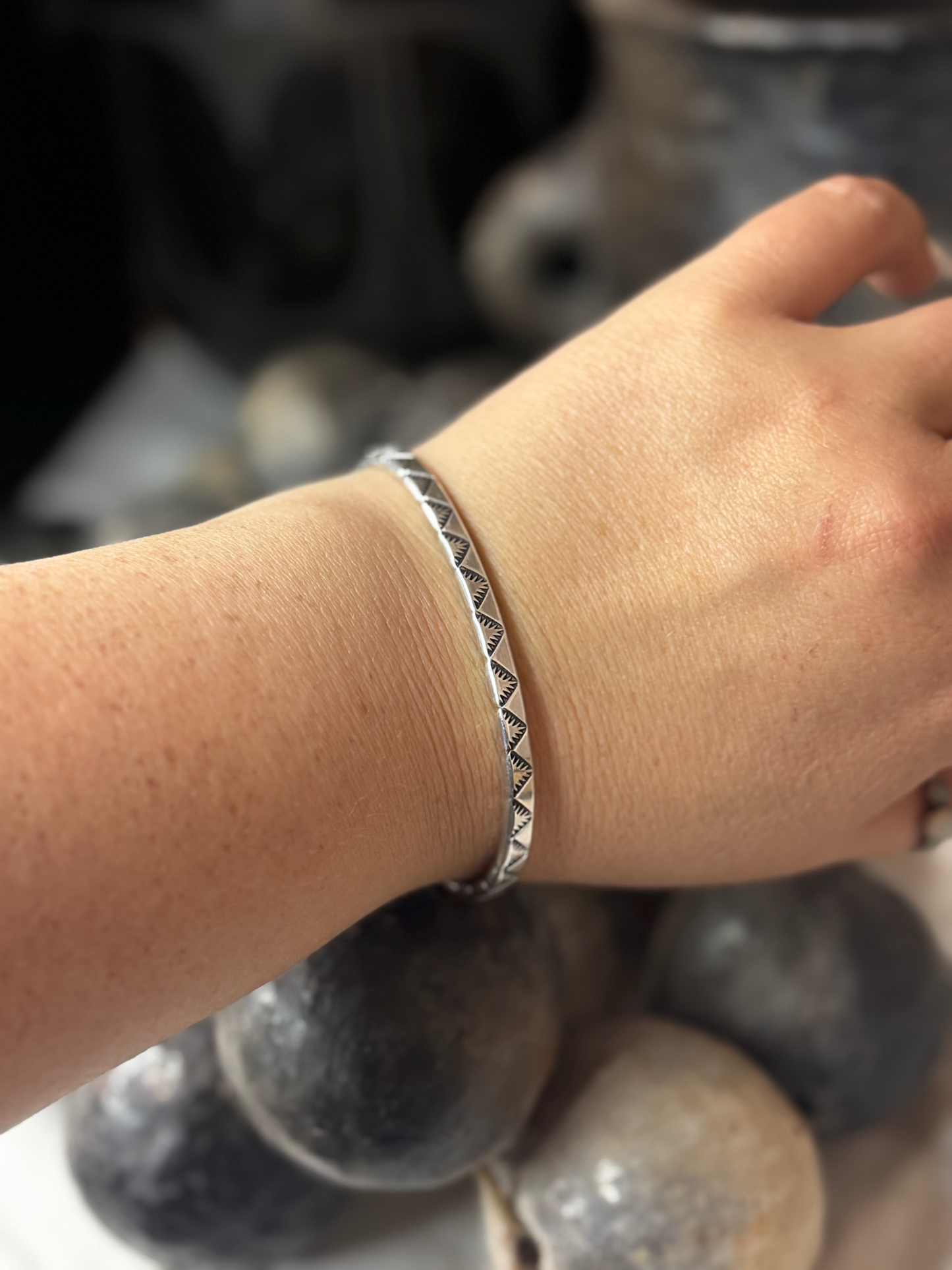 Cuff Bracelet with Triangular Design - Sterling Silver - Native Handmade - TAHE (artist)