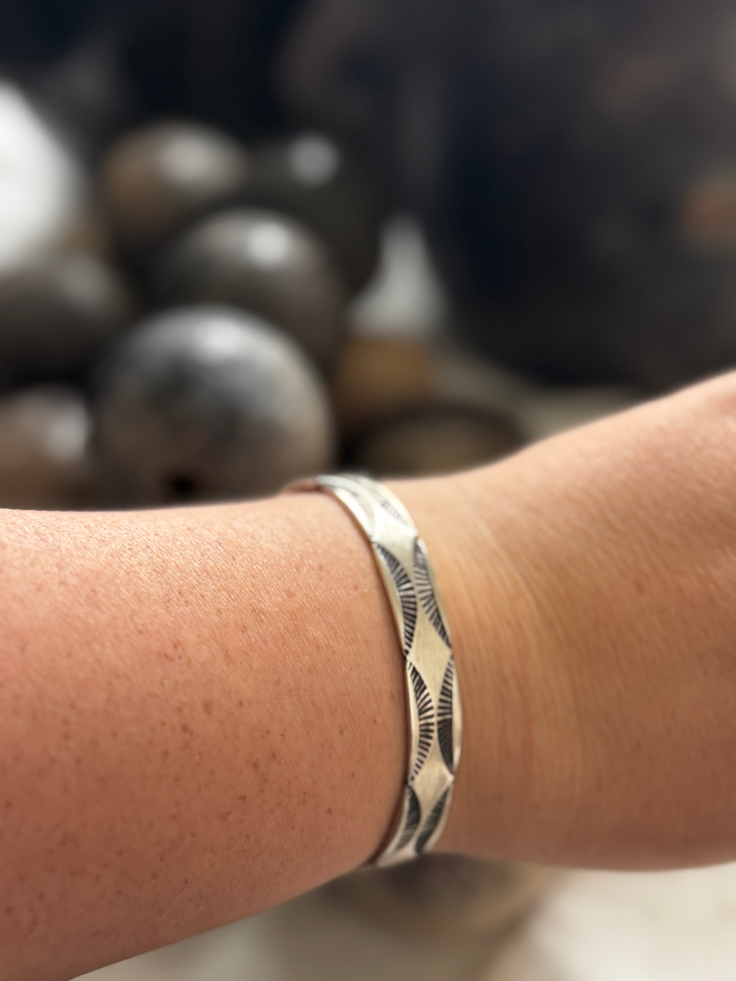 Cuff Bracelet with Design - Sterling Silver - Native Handmade - Elvira Bill (artist)
