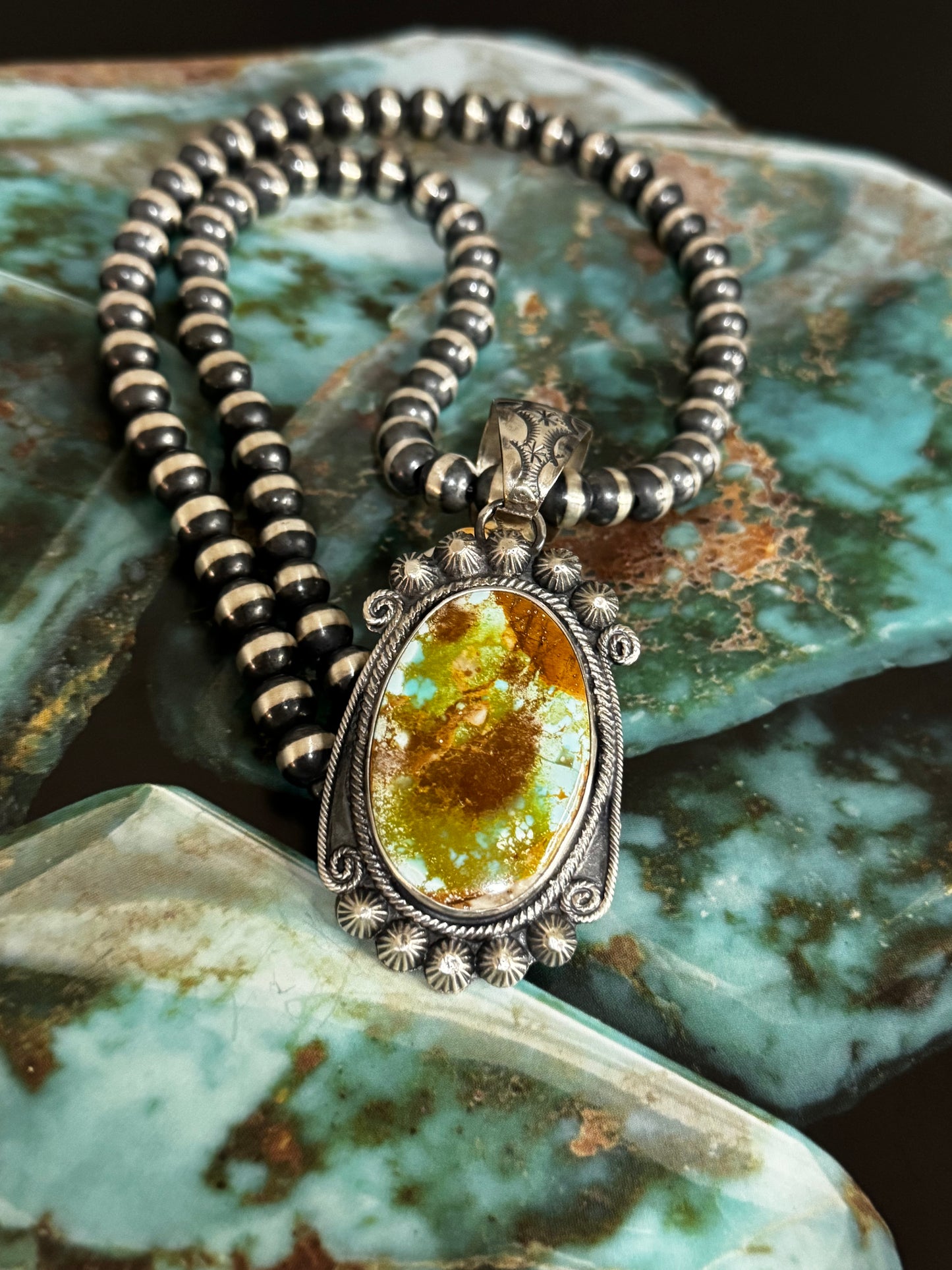 Oval Pendant with Embellishments - Royston Turquoise - Sterling Silver - Native Handmade - Bob Becenti (artist)