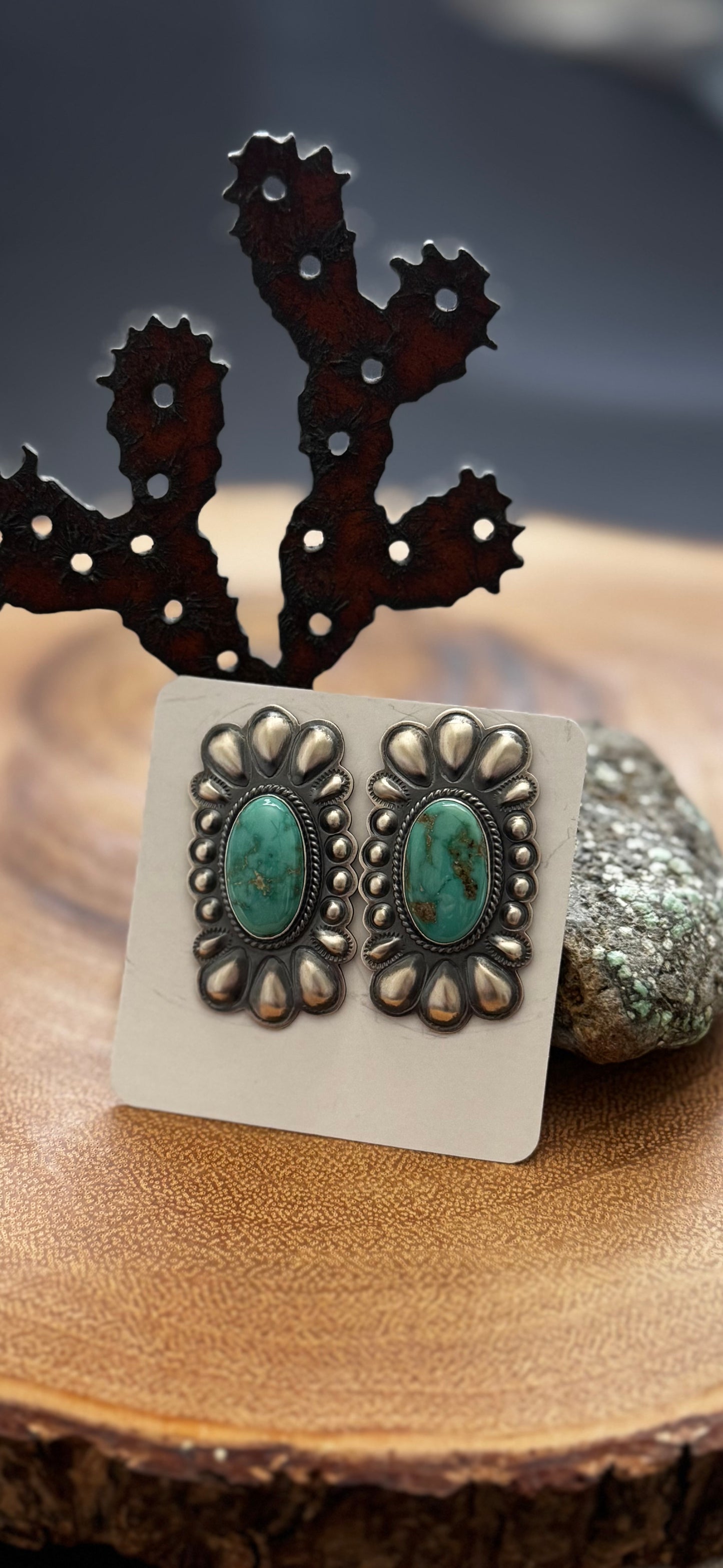 Large Concho Rectangle Earrings with Stone - King Manassa Turquoise - Sterling Silver - Native Handmade - RJ (artist)
