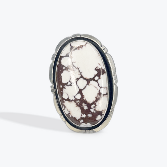 Oval Ring - White Horse - Sterling Silver - Native Handmade - M (artist) - Size 10
