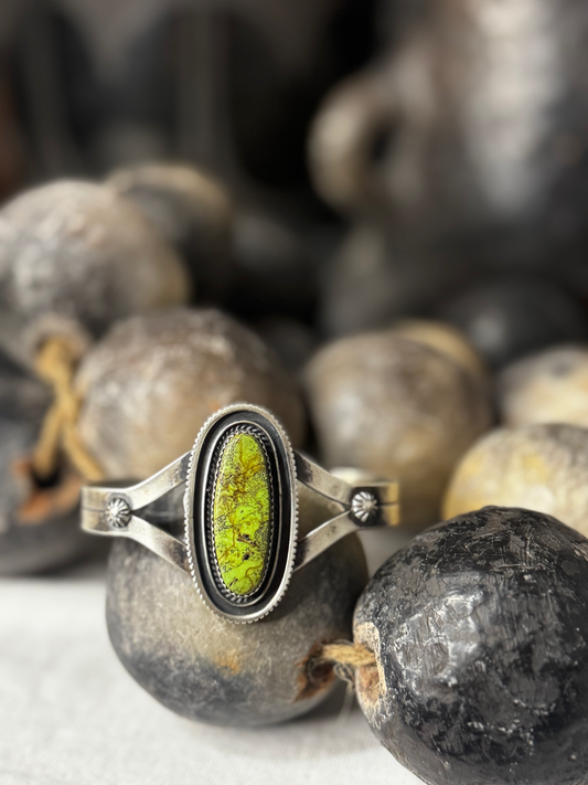 Large Stone Cuff Bracelet - Gaspeite Stone - Sterling Silver - Native Handmade - Tom Denetso (artist)