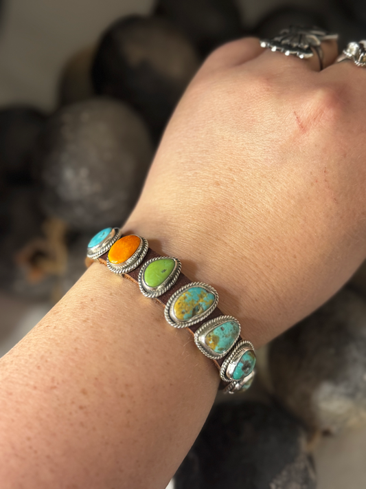 Leather Multi Stone Bracelet - Turquoise and Spiny Oyster - Sterling Silver - Dan Morgan (artist)