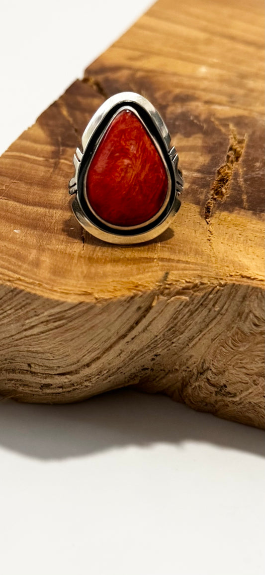 Tear Drop Ring - Spiny Oyster Orange - Sterling Silver - Native Handmade - AM (artist) - Size 8.5