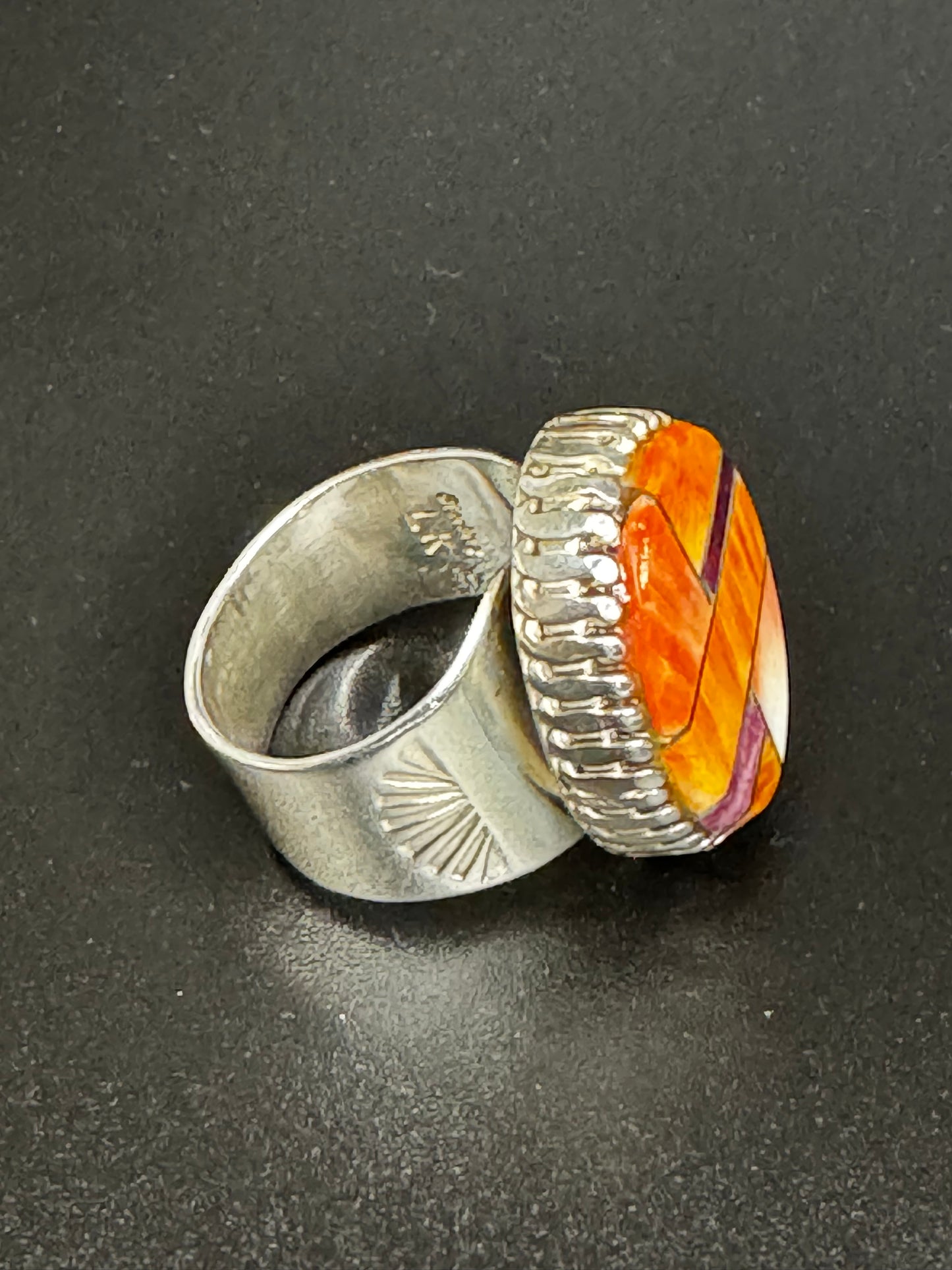 Oval Ring - Inlay with Orange Spiny Oyster - Sterling Silver - Navajo Handmade - LK (artist) - Size Adjustable