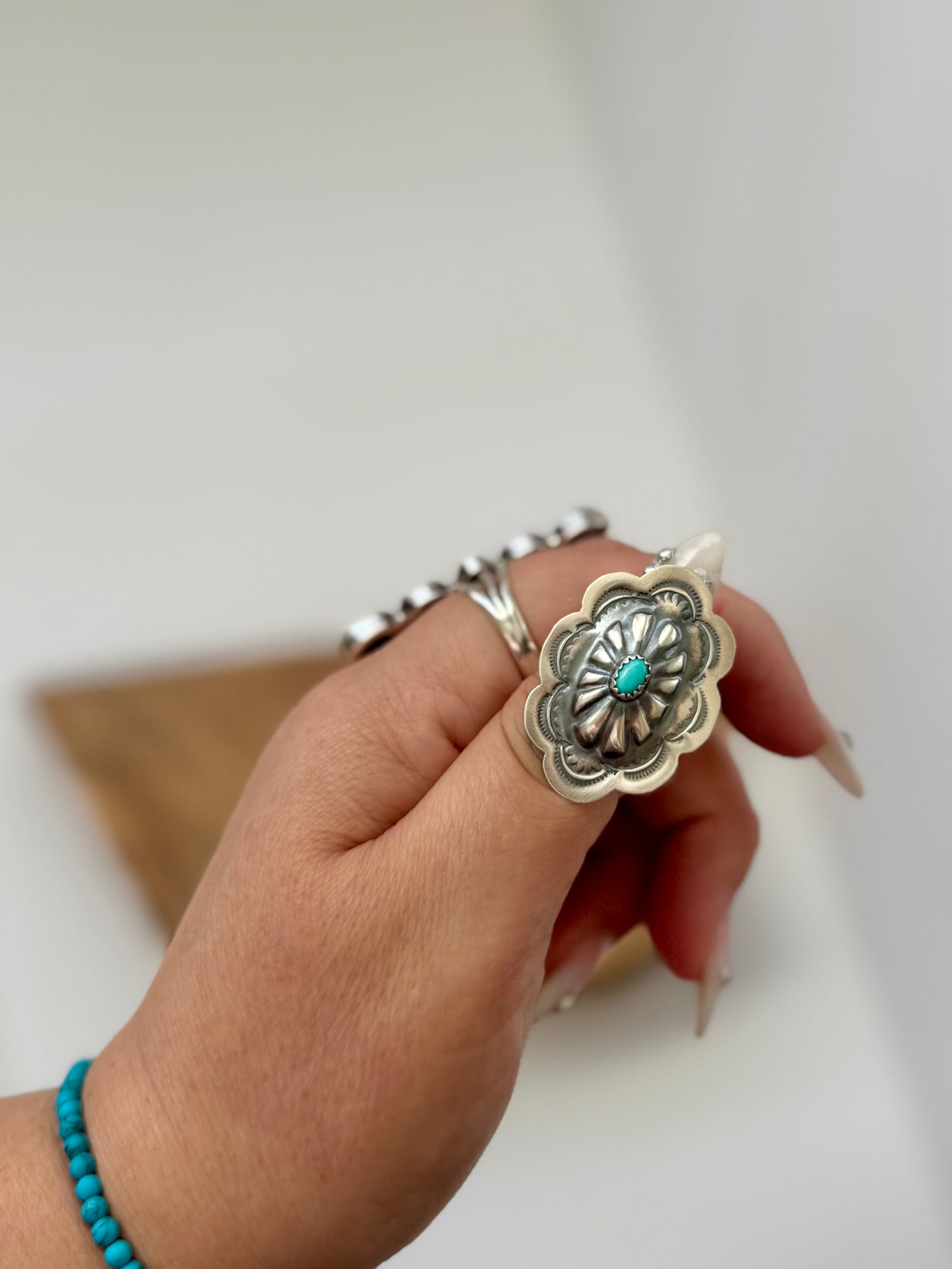 Concho Ring with Turquoise- Artist Ray B - Size Adj. - Native Handmade -Sterling Silver
