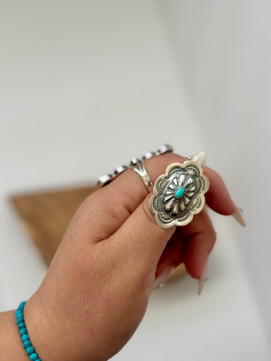Concho Ring with Turquoise- Artist Ray B - Size Adj. - Native Handmade -Sterling Silver