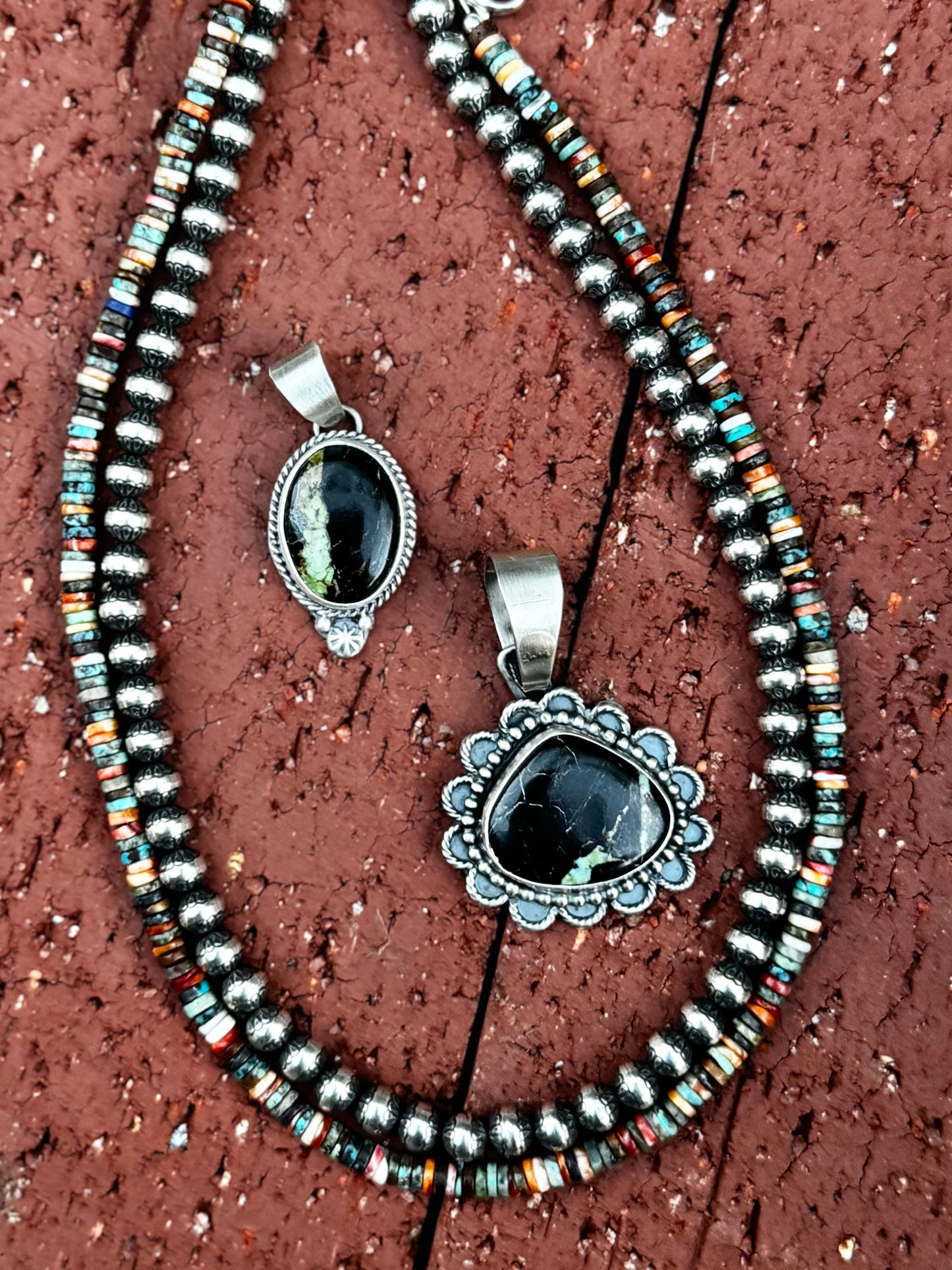 Oval Pendant with Adornments - Black Jack - Sterling Silver - Native Handmade - BKF (artist)