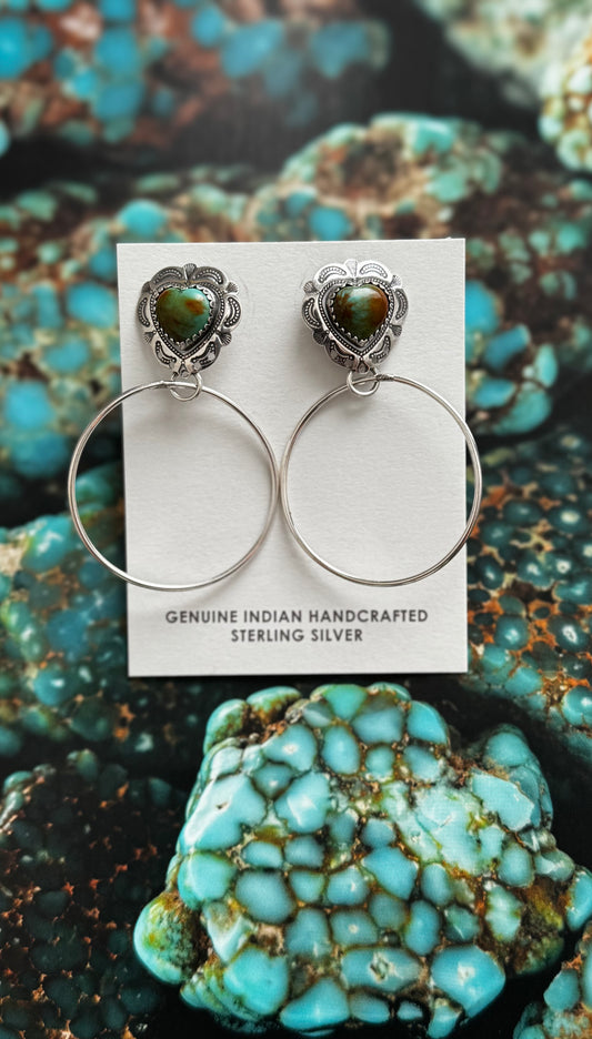 Heart Hoop Earrings - Turquoise - Sterling Silver - Native Handmade - Merle House (artist)