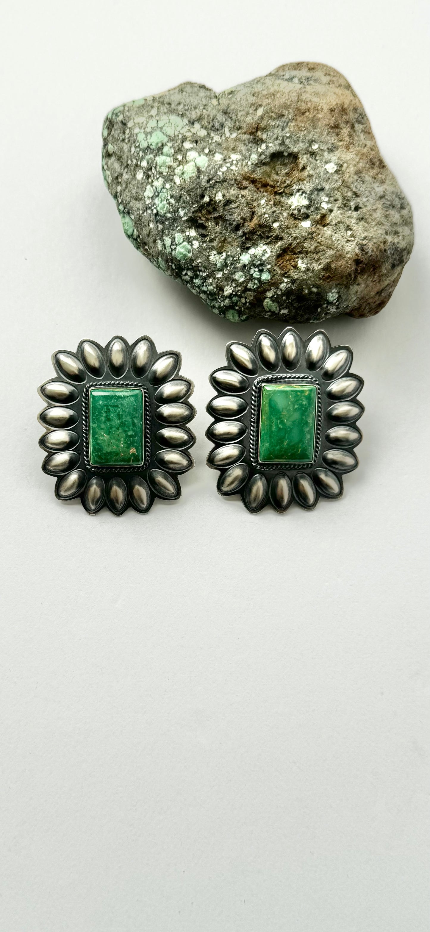 Large Concho with Rectangle Stone Dangling Earrings - King Manassa Turquoise - Sterling Silver - Native Handmade - RJ (artist)