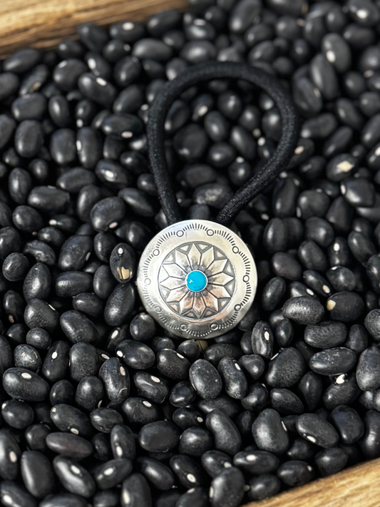 Concho Hair Tie with Stone - Turquoise - Sterling Silver