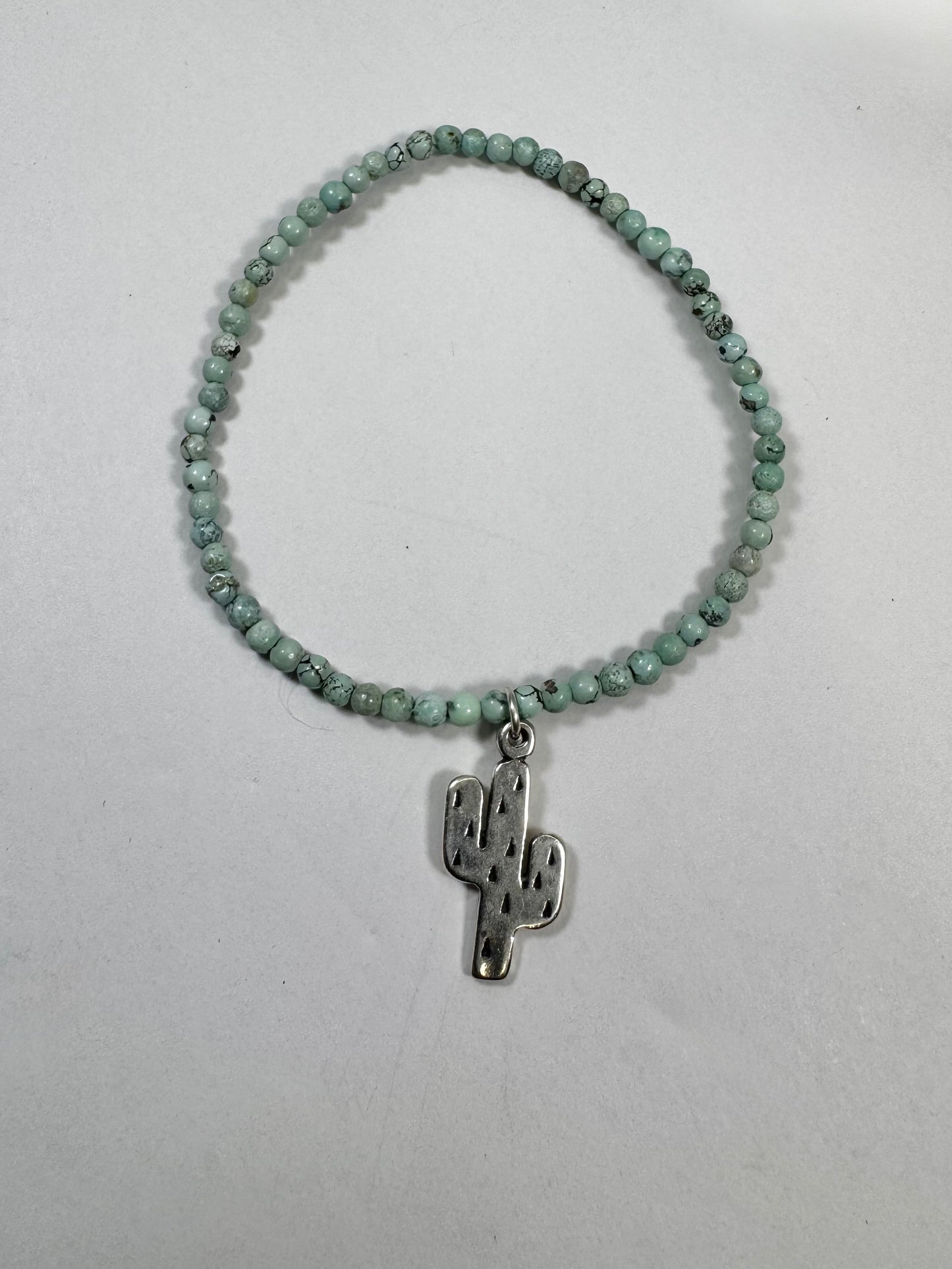 Mini Turquoise Bead Stretch Bracelet with Cactus Charm
