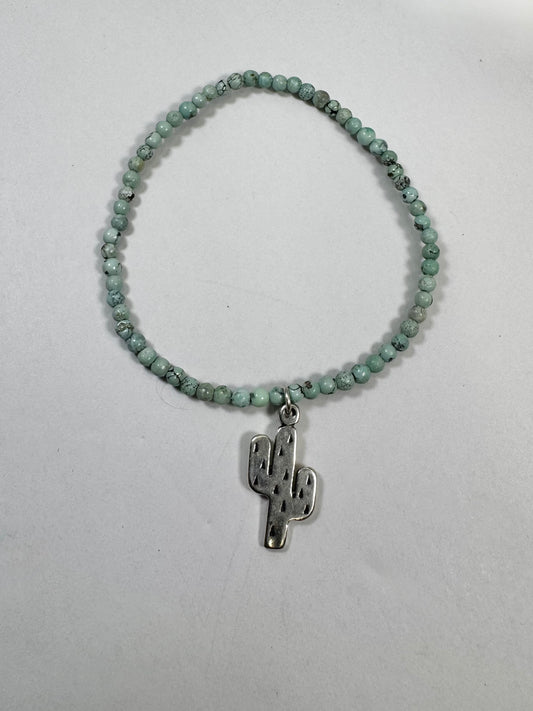 Mini Turquoise Bead Stretch Bracelet with Cactus Charm