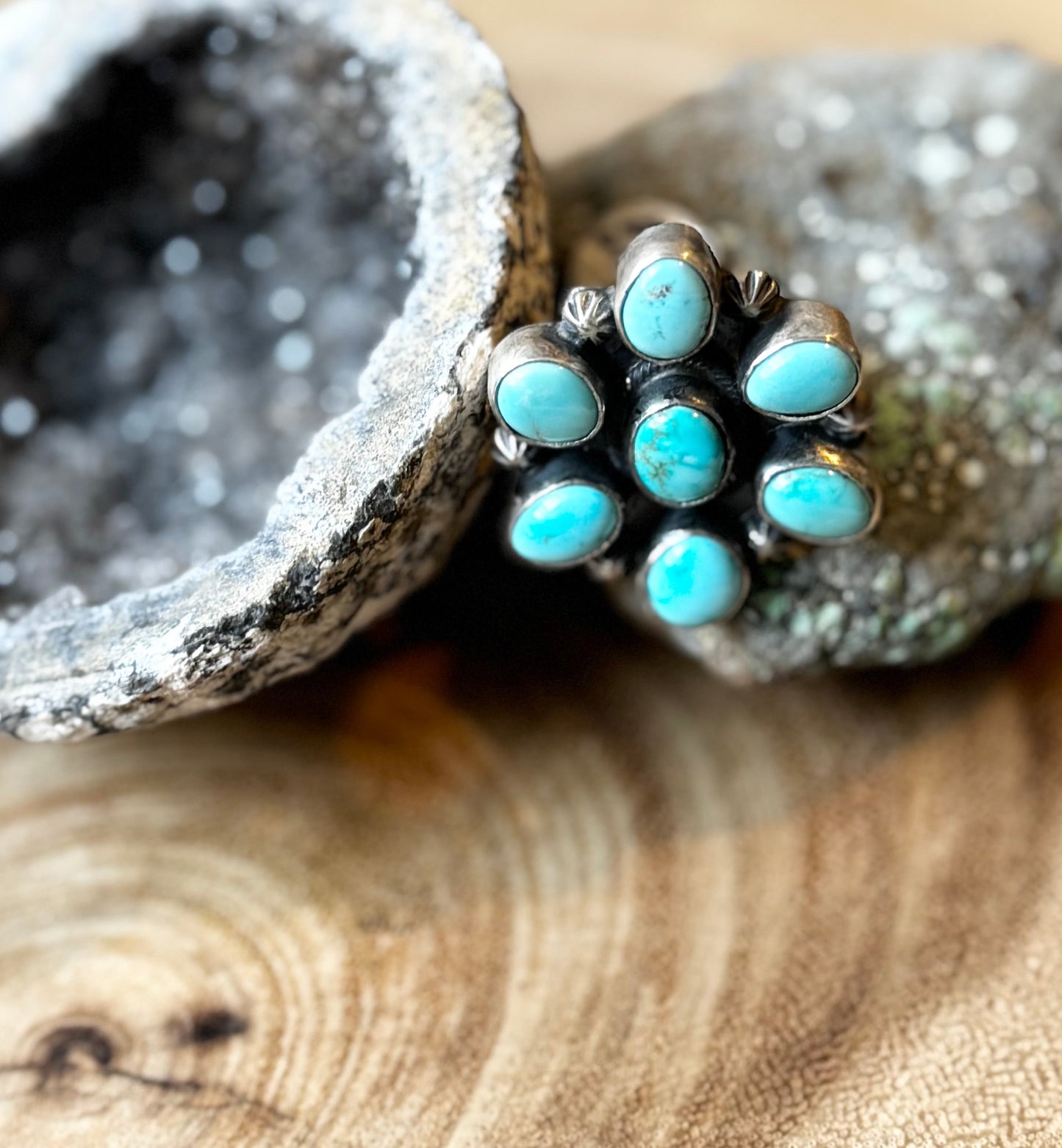Cluster Turquoise Ring - Sterling Silver - Native Handmade - Kathleen Livingston (artist) - Size 8