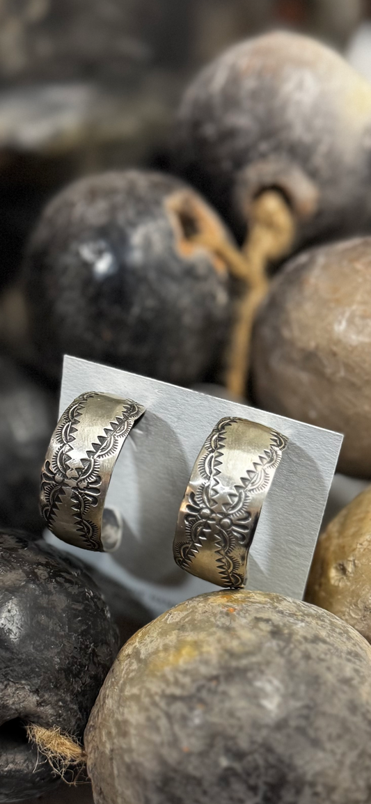 Thick Hoops with Stamped Design Earrings- Sterling Silver - Native Handmade - VJP (artist)