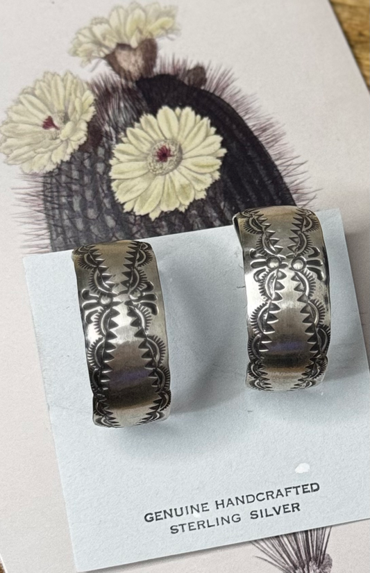 Thick Hoops with Stamped Design Earrings- Sterling Silver - Native Handmade - VJP (artist)
