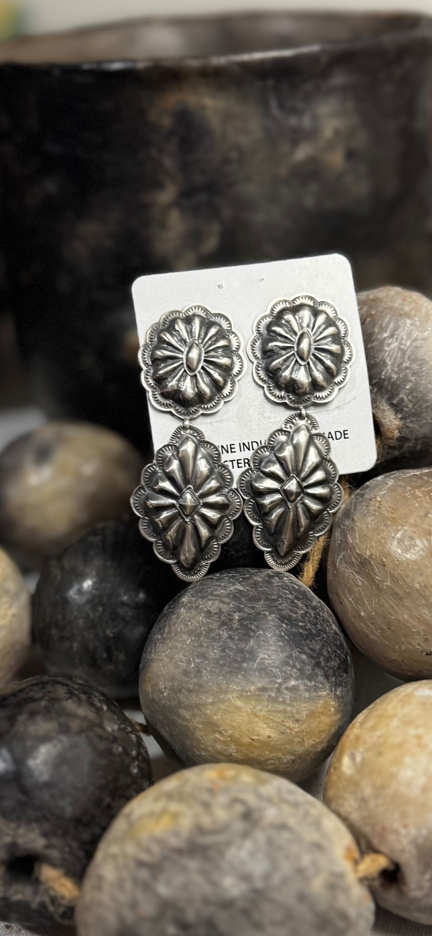 Large Concho Dangling Double Earrings - Sterling Silver - Native Handmade - RJ (artist)