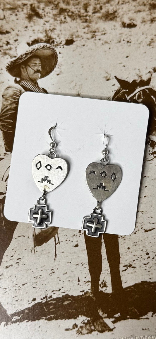Heart Dangling Earrings with Cross - Sterling Silver - Native Handmade - Dakota T. Willie (artist)