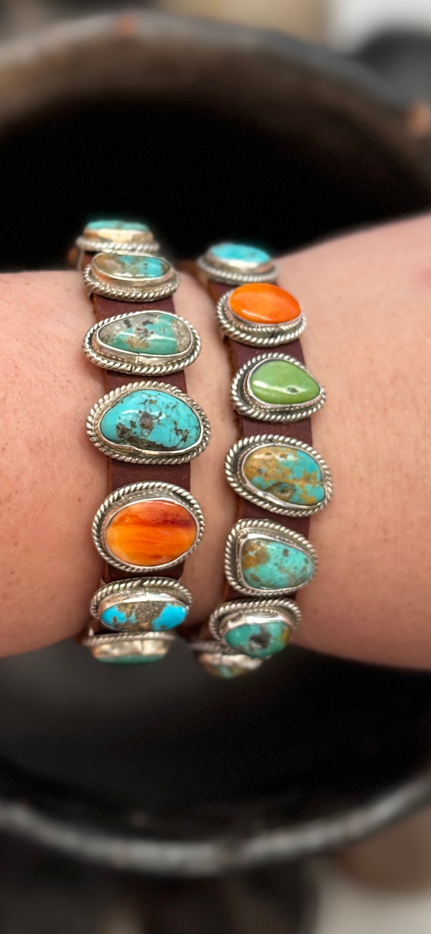 Leather Multi Stone Bracelet - Turquoise and Spiny Oyster - Sterling Silver - Dan Morgan (artist)