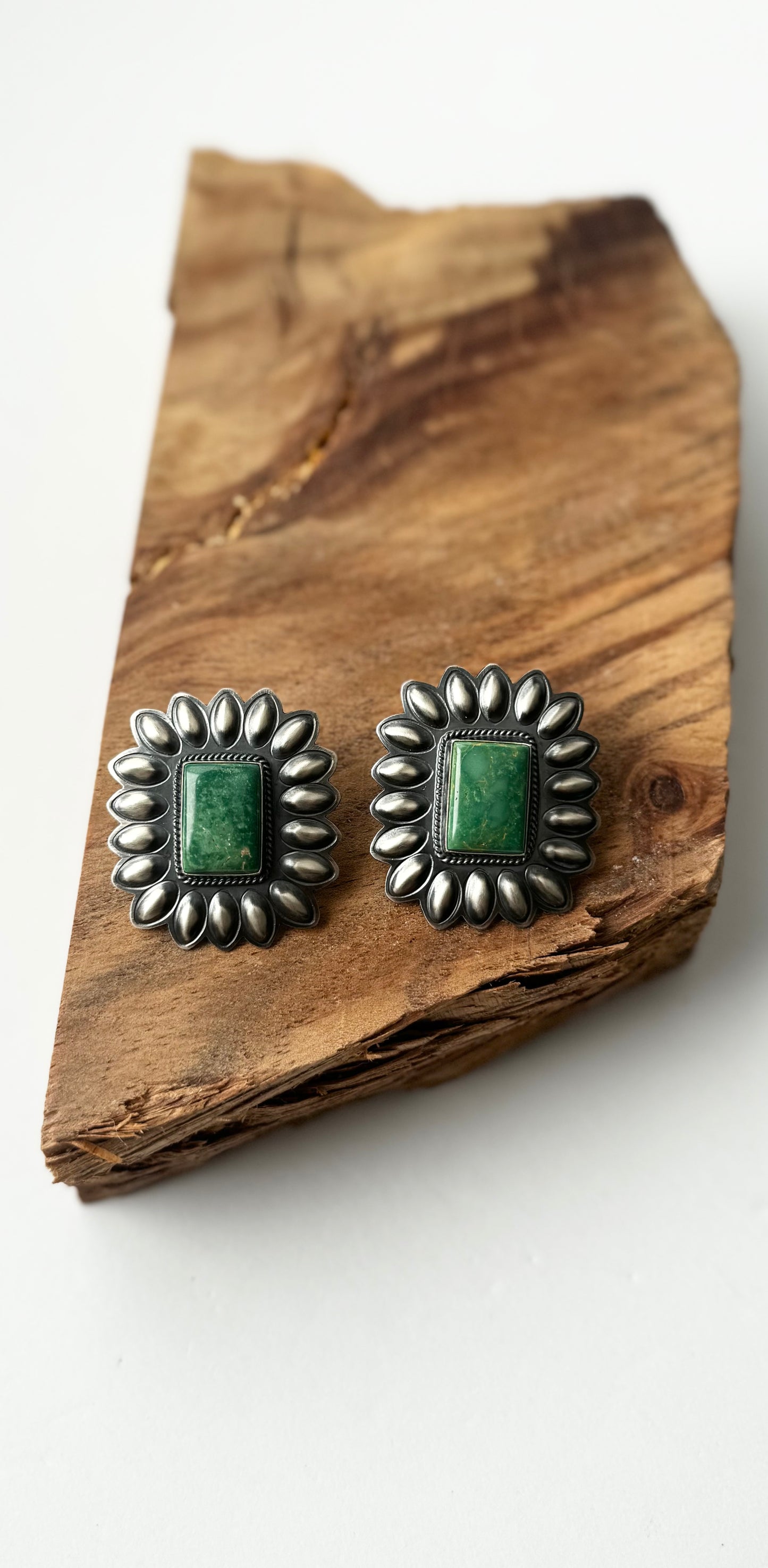 Large Concho with Rectangle Stone Dangling Earrings - King Manassa Turquoise - Sterling Silver - Native Handmade - RJ (artist)