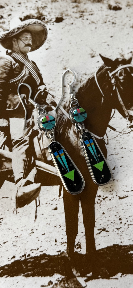 Stone Inlay Dangling Earrings - Sterling Silver - Native Handmade - Gilbert Smith (artist)